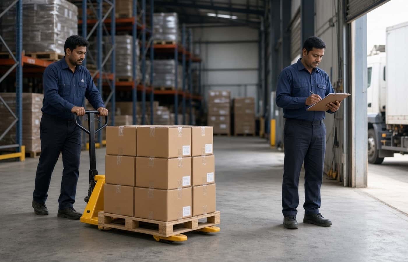 Warehouse helpers moving cartons at a Delhi NCR loading dock